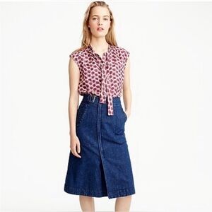 J. Crew A-Line Zip Front Buckle Midi Long Denim Jean Skirt Cotton Linen Blend 14